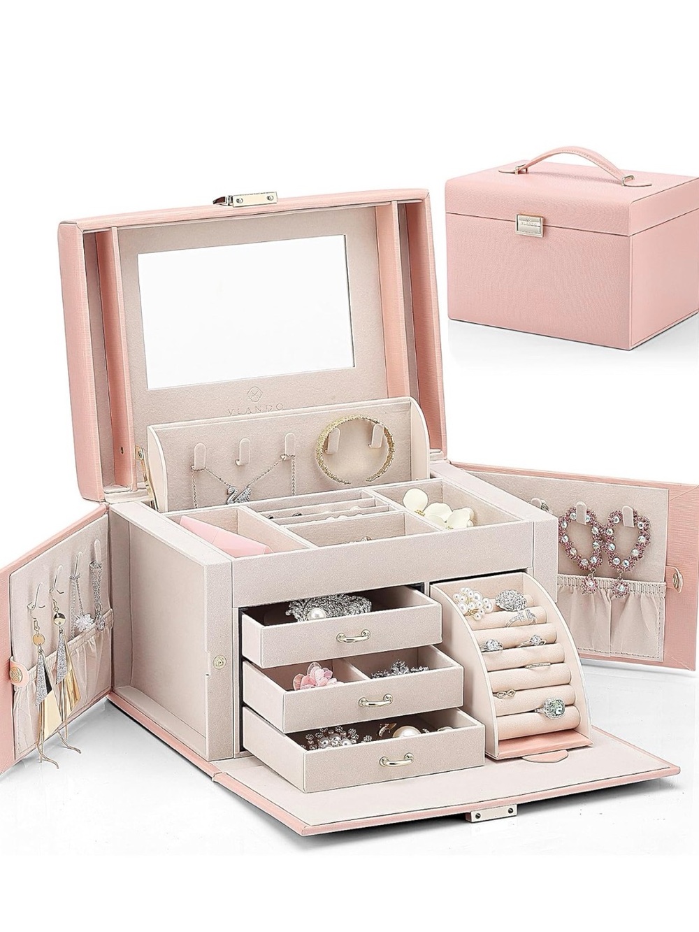 Pink Jewelry Organizer Box with Mirror - Women Accessories
